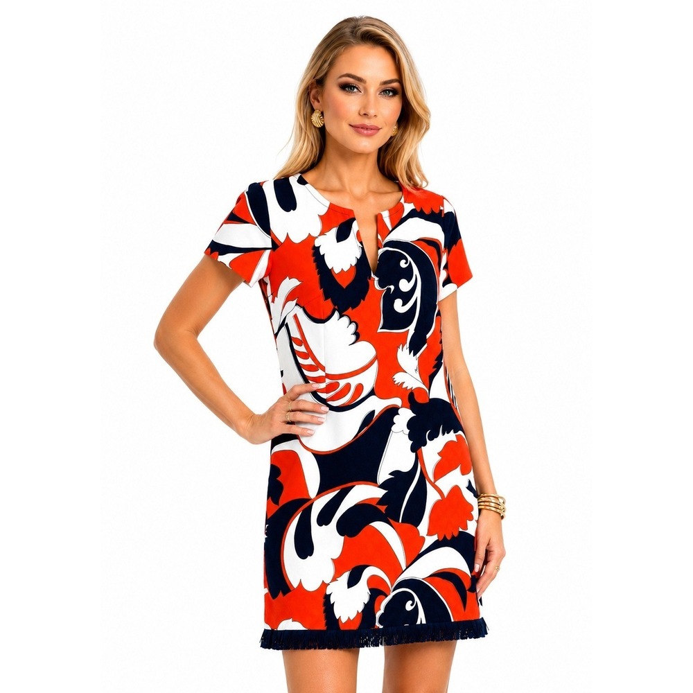 Trina Turk Orange Navy Floral Fringe Shift Dress Size 0 Mini‎ Dress